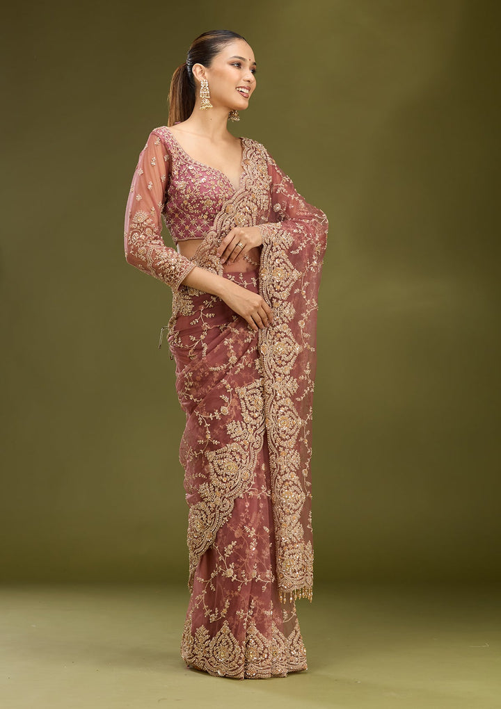 Onion Pink Zariwork (Gold) Net Saree