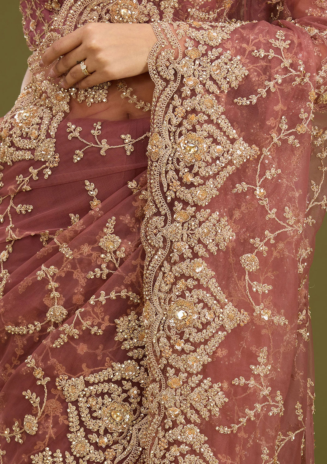 Onion Pink Zariwork (Gold) Net Saree