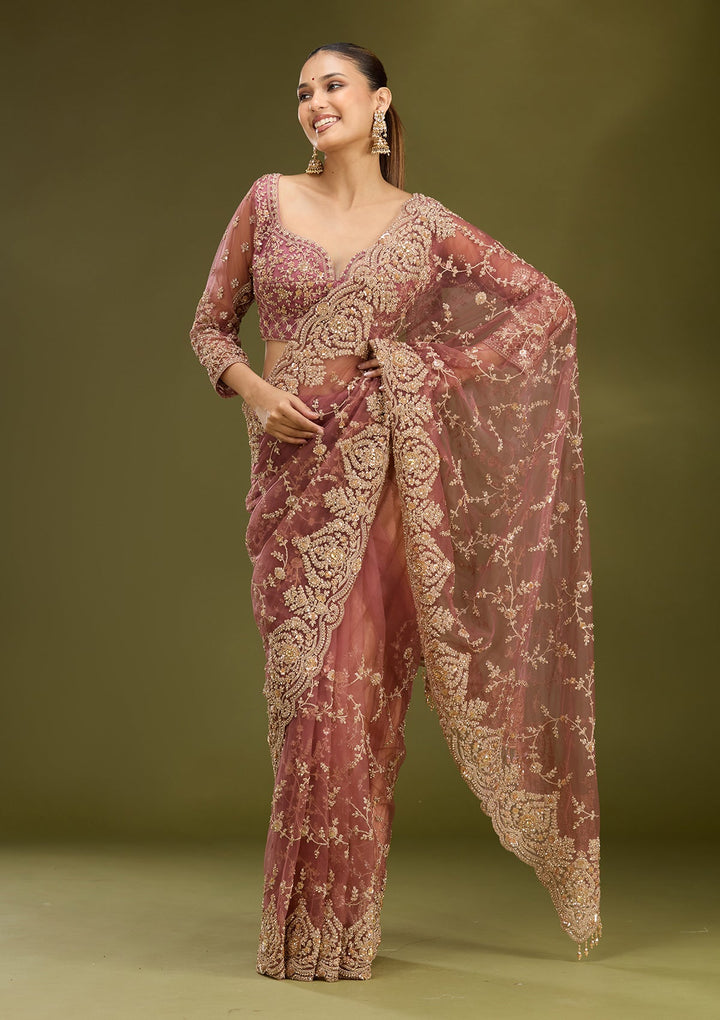 Onion Pink Zariwork (Gold) Net Saree