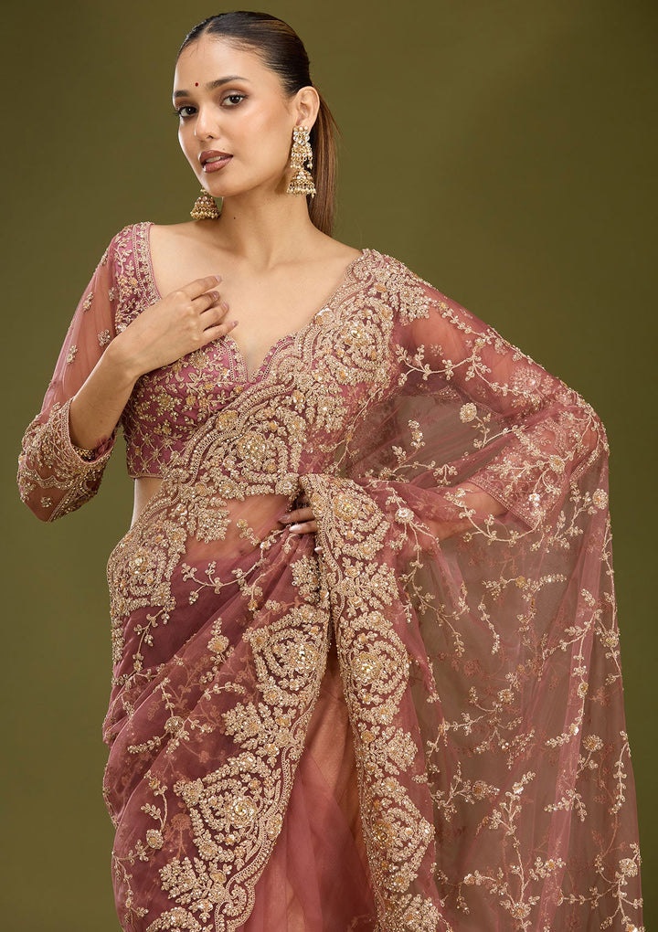 Onion Pink Zariwork (Gold) Net Saree