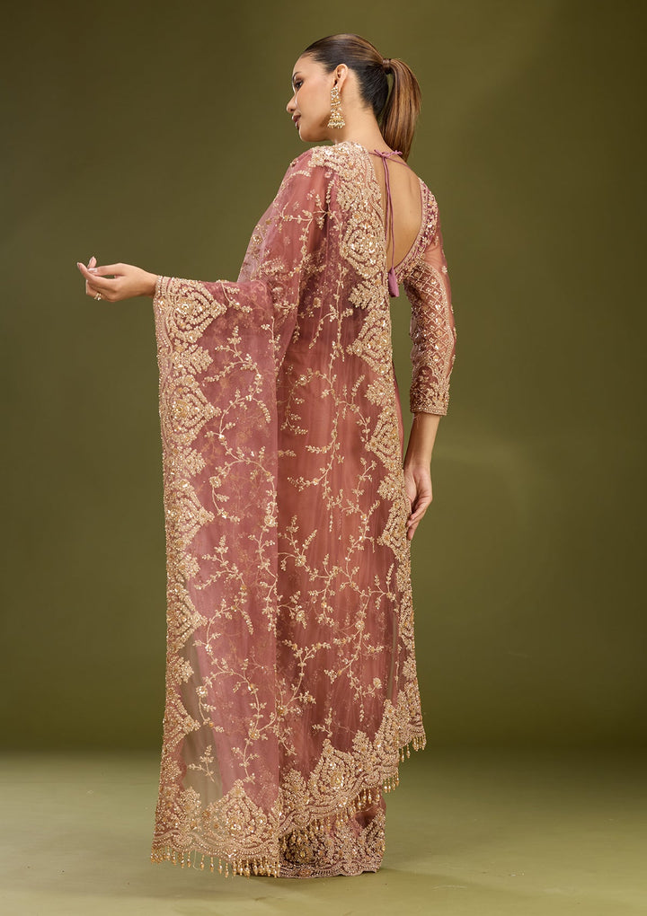 Onion Pink Zariwork (Gold) Net Saree