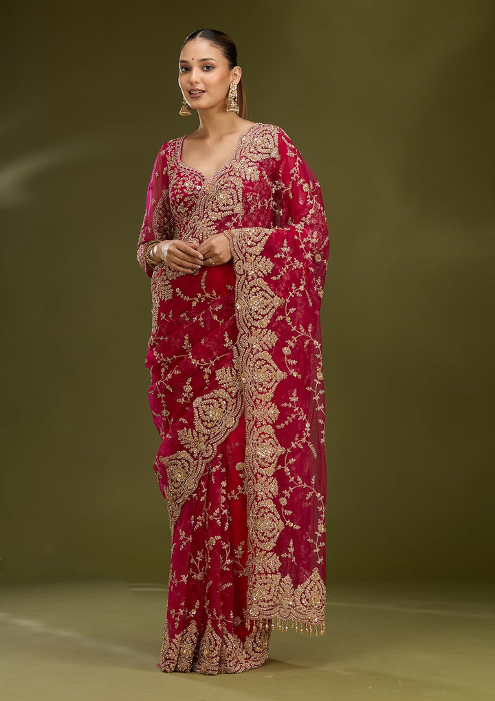 Rani Pink Zariwork (Gold) Net Saree