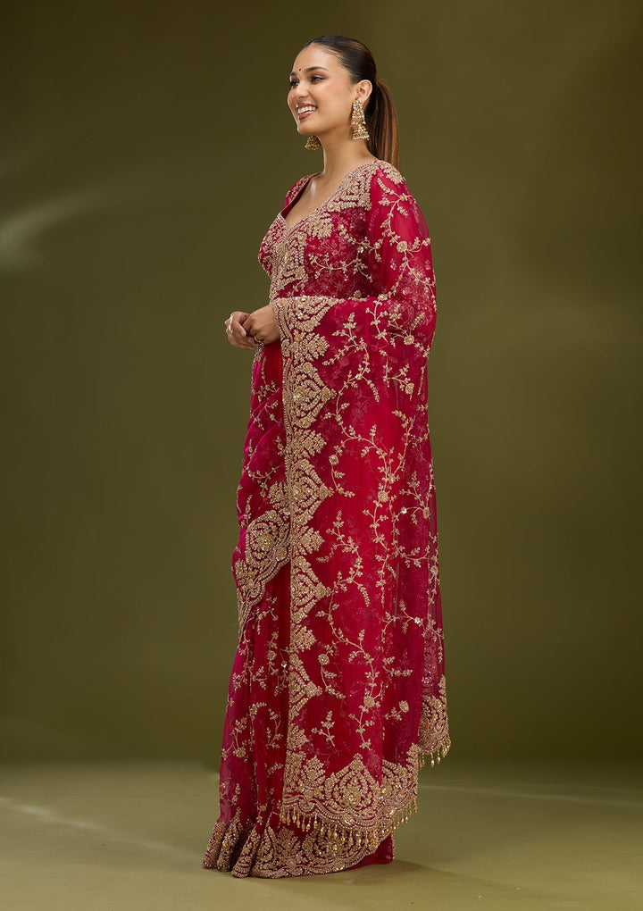 Rani Pink Zariwork (Gold) Net Saree