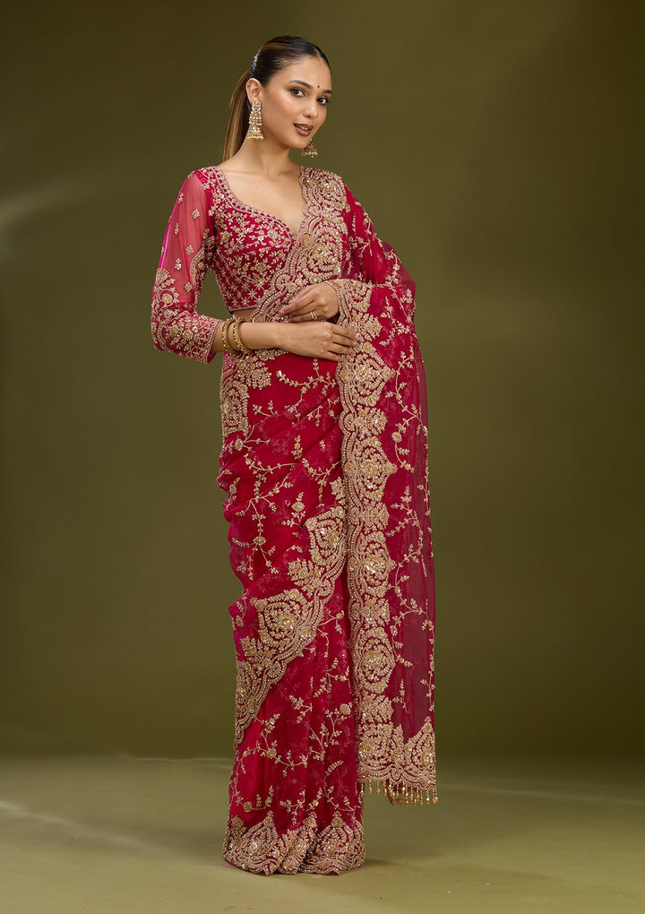 Rani Pink Zariwork (Gold) Net Saree