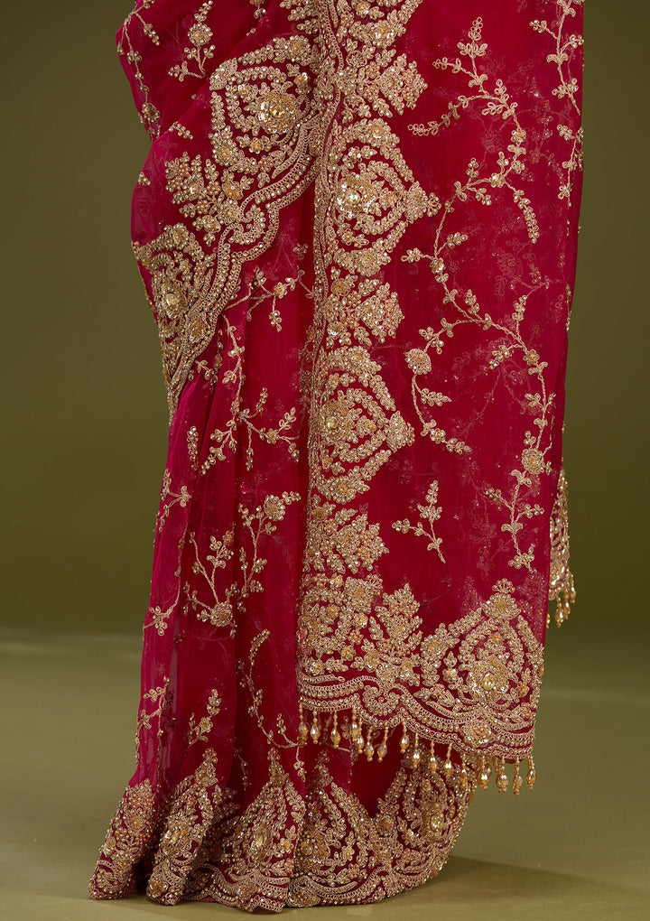 Rani Pink Zariwork (Gold) Net Saree