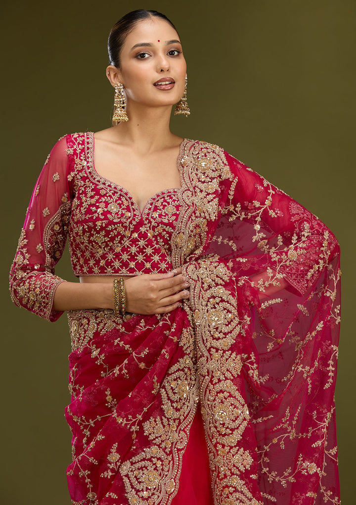 Rani Pink Zariwork (Gold) Net Saree