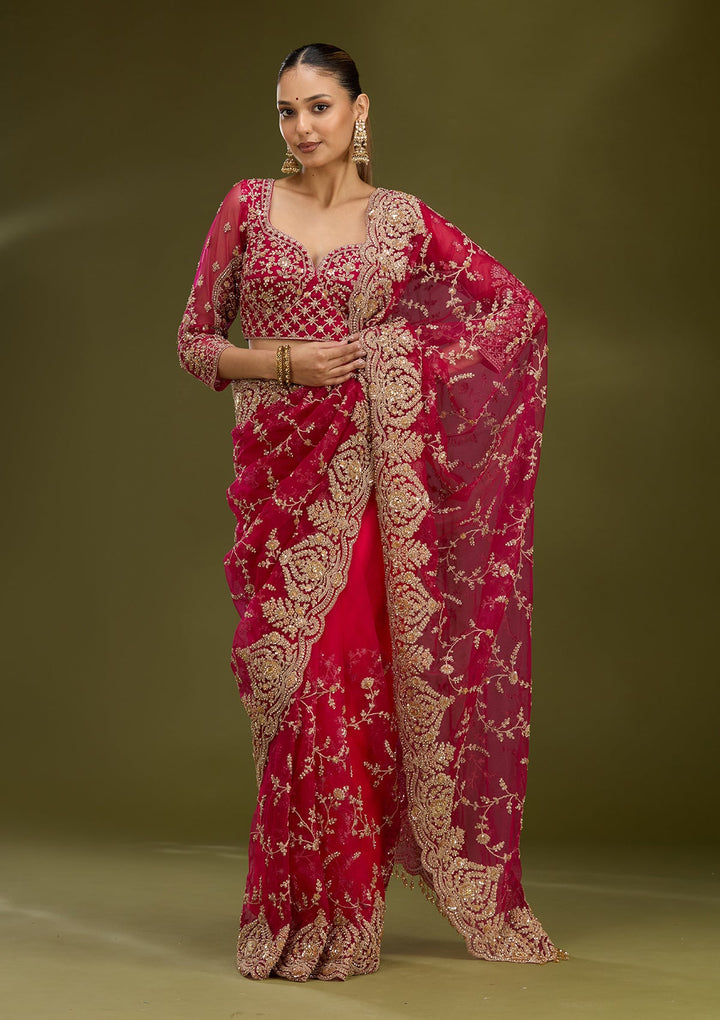 Rani Pink Zariwork (Gold) Net Saree