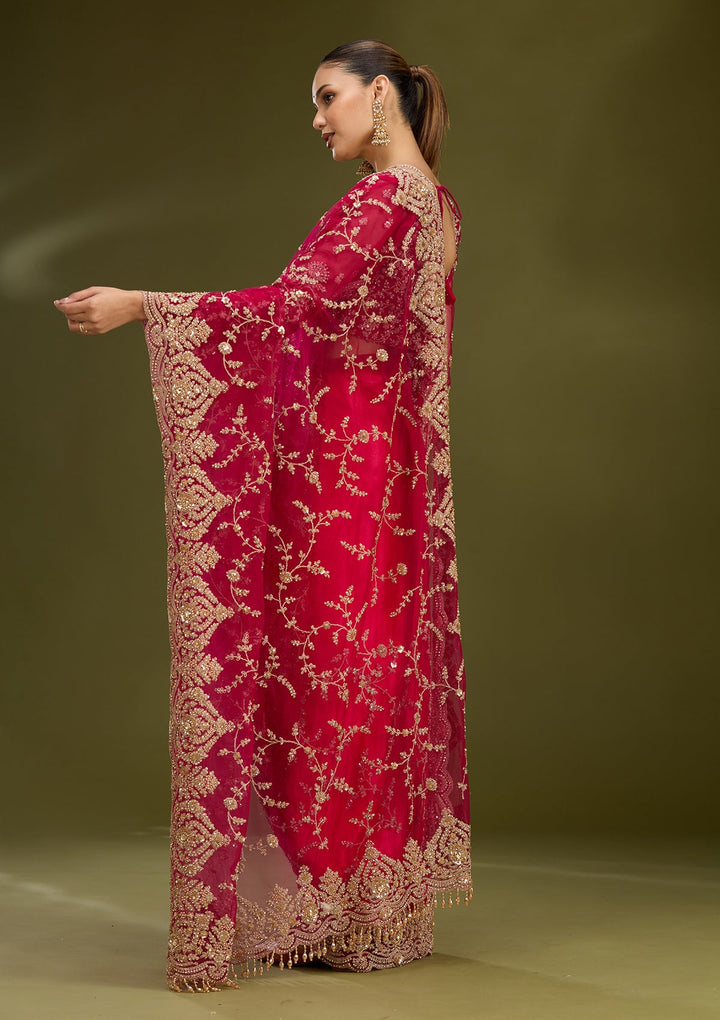 Rani Pink Zariwork (Gold) Net Saree