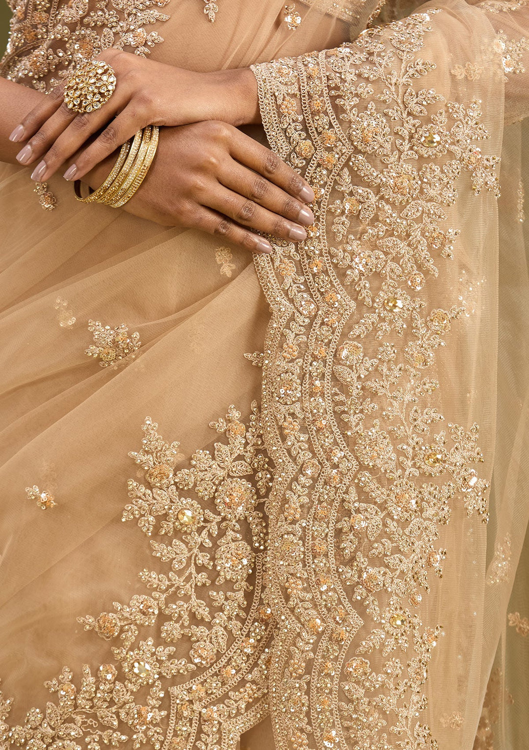 Beige Zariwork (Gold) Net Saree