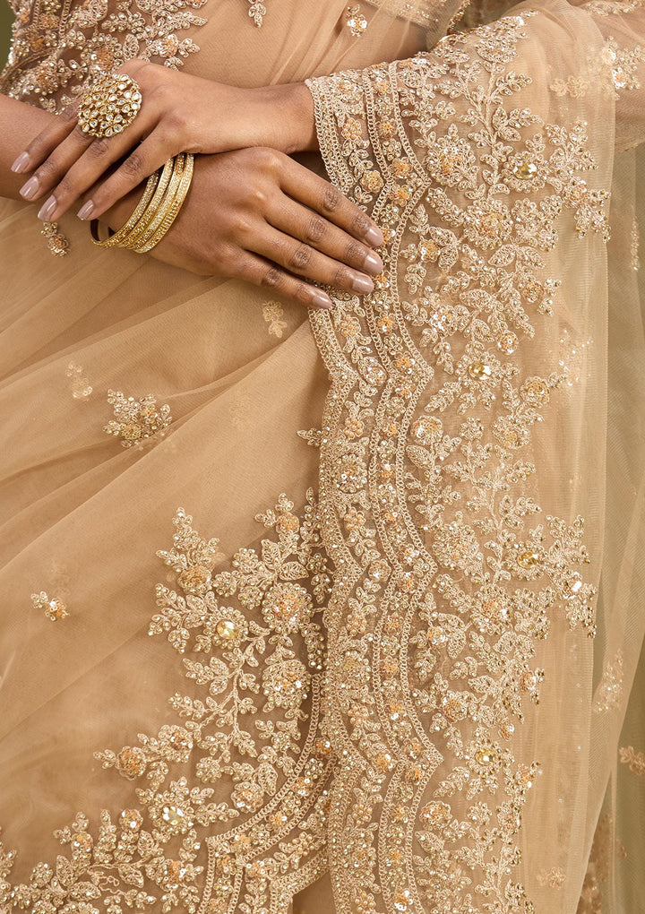 Beige Zariwork (Gold) Net Saree