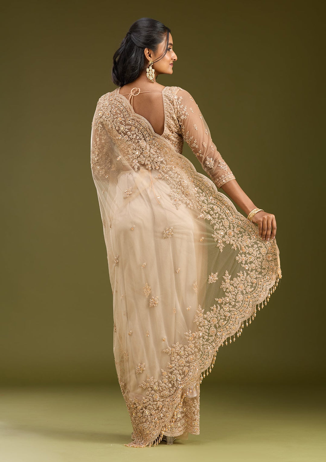 Beige Zariwork (Gold) Net Saree