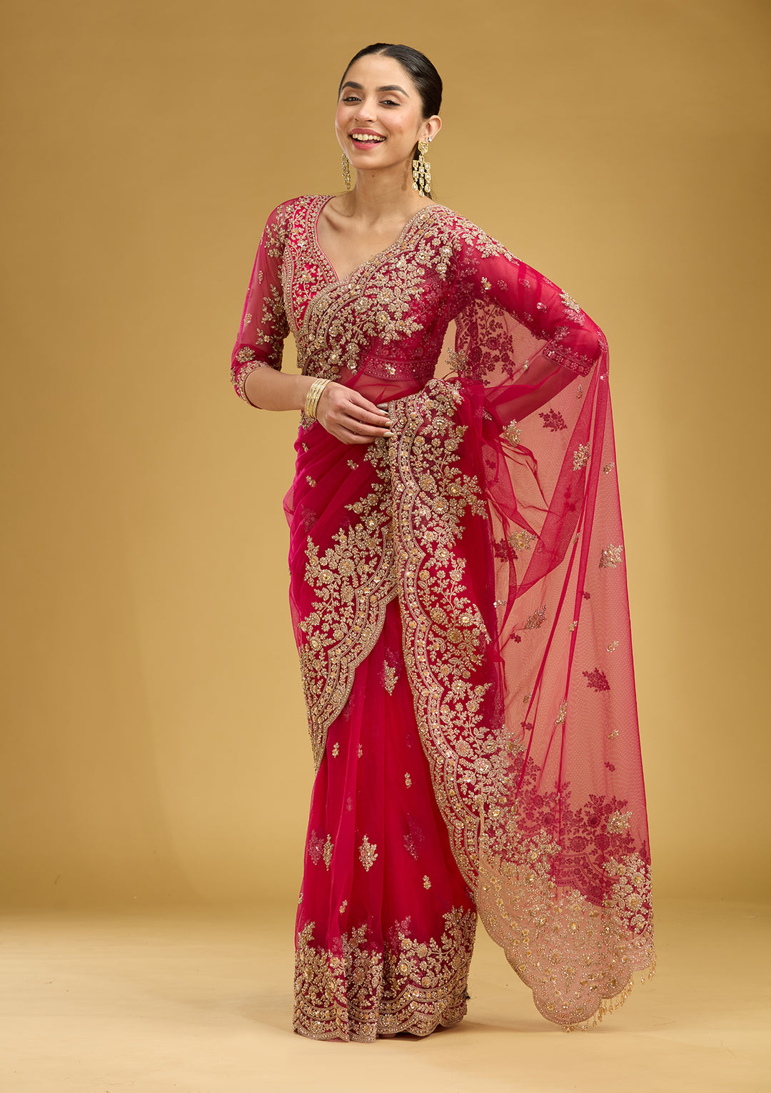 Rani Pink Zariwork (Gold) Net Saree
