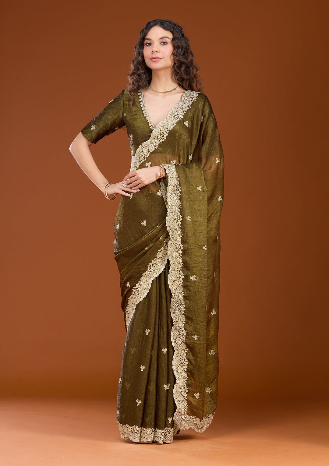 Mehendi Zariwork (Gold) Tissue Saree