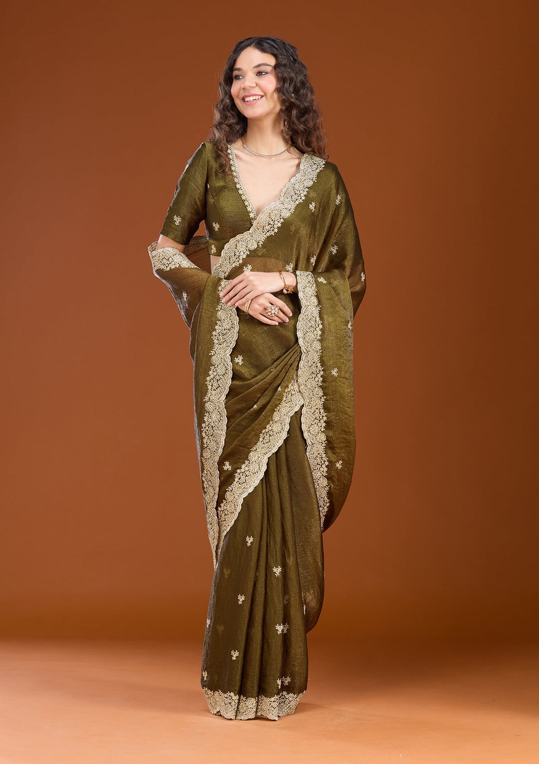 Mehendi Zariwork (Gold) Tissue Saree