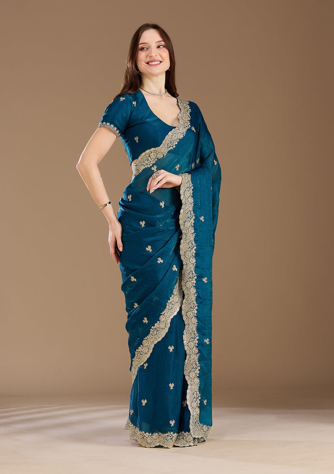 Peacock Blue Zariwork (Gold) Tissue Saree