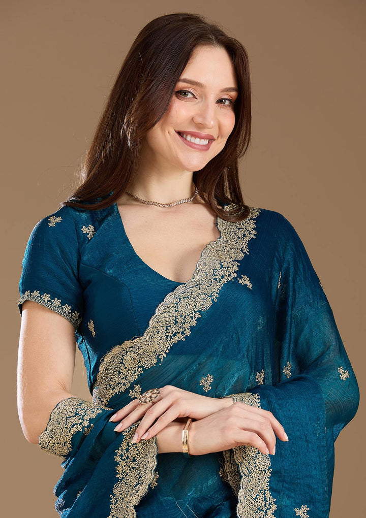 Peacock Blue Zariwork (Gold) Tissue Saree