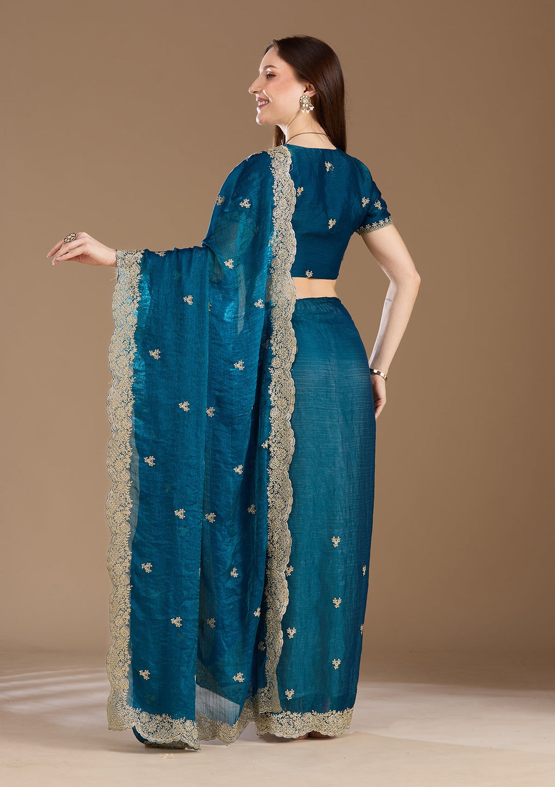 Peacock Blue Zariwork (Gold) Tissue Saree