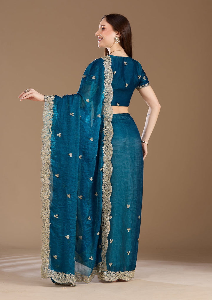 Peacock Blue Zariwork (Gold) Tissue Saree