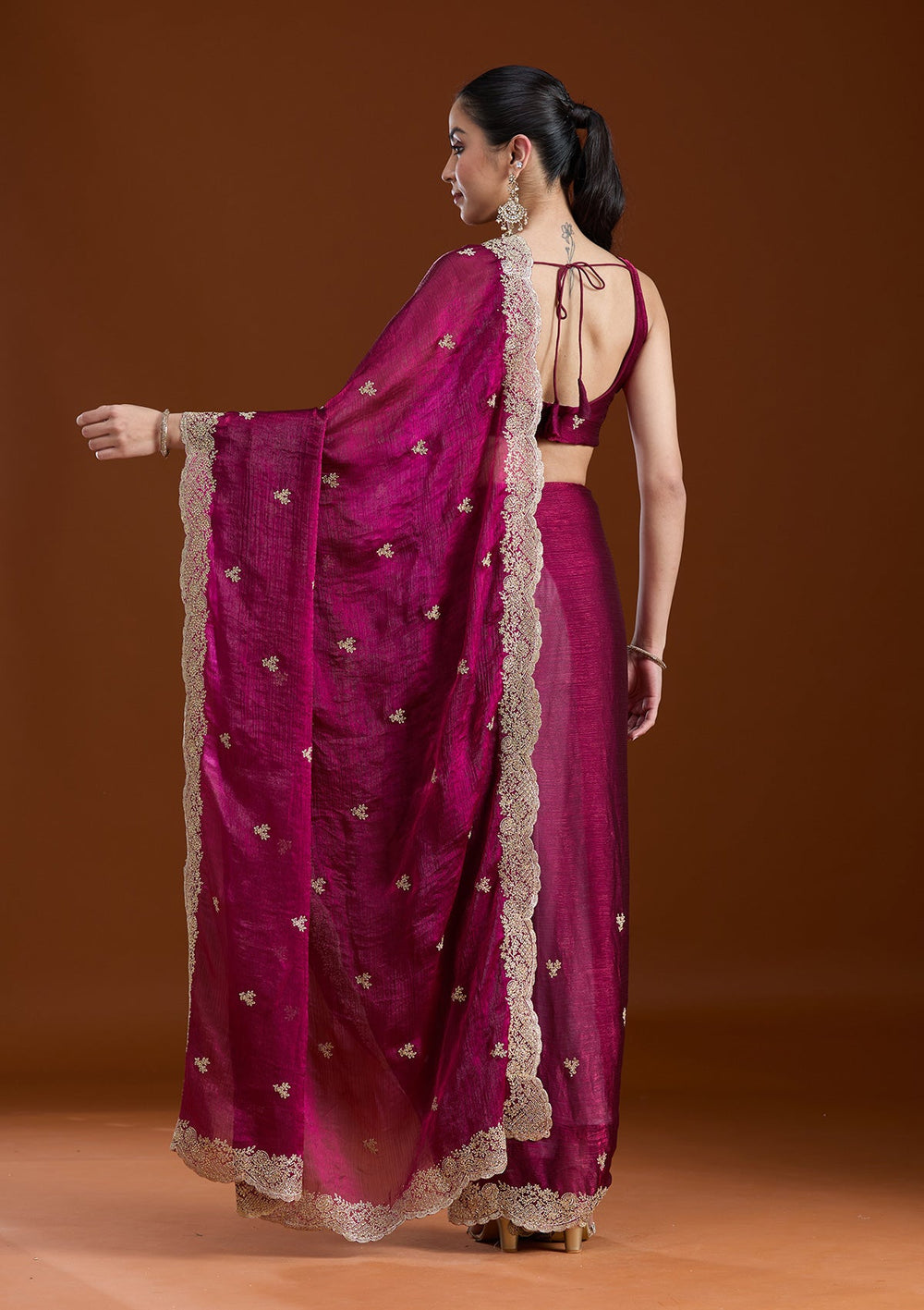 Wine Zariwork (Gold) Tissue Saree-koskii
