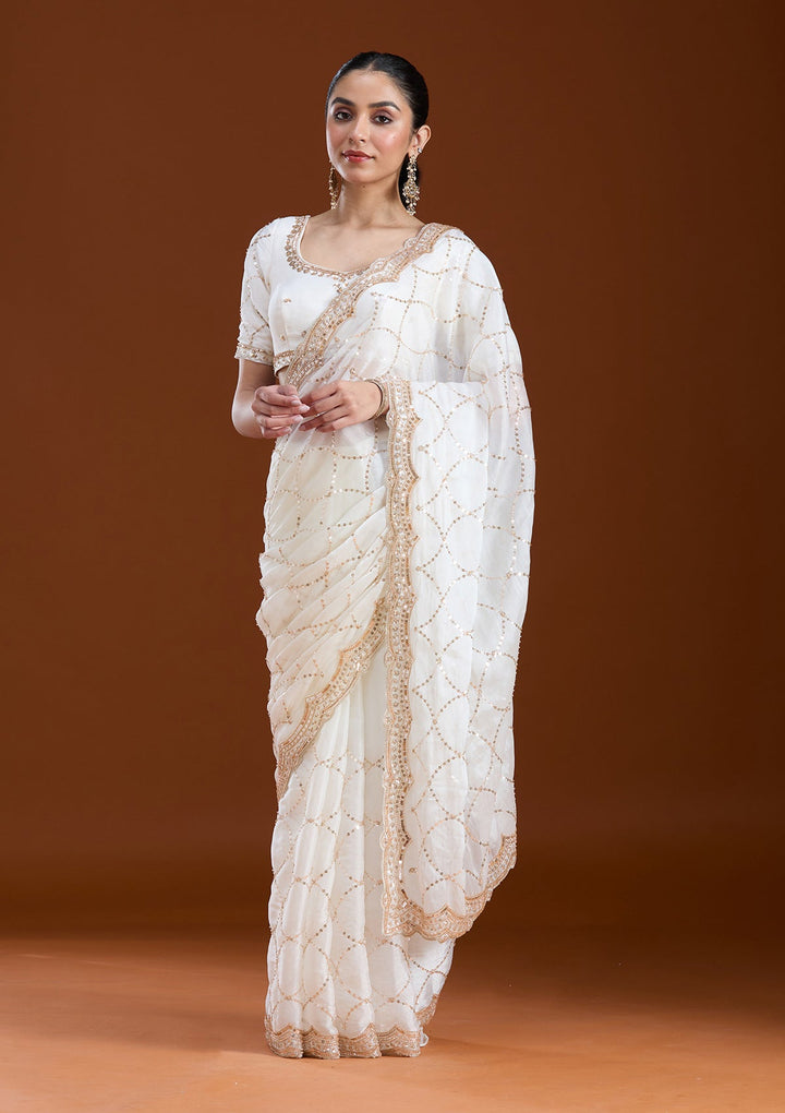 Off White Sequins Tissue Saree-koskii