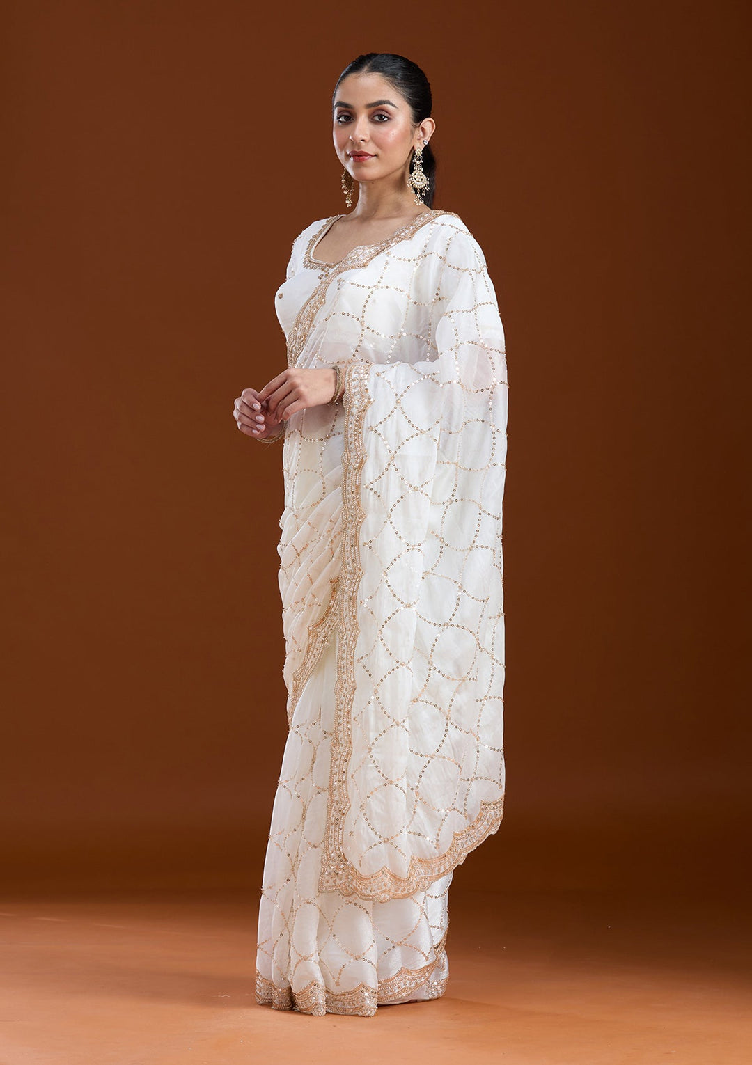 Off White Sequins Tissue Saree-koskii