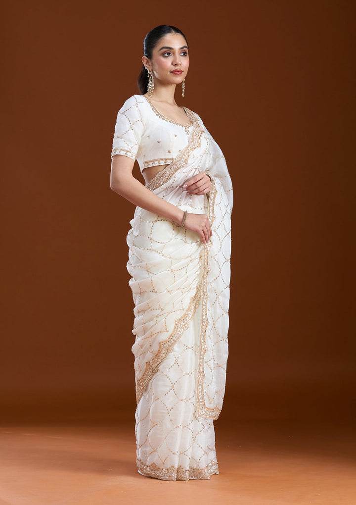 Off White Sequins Tissue Saree-koskii