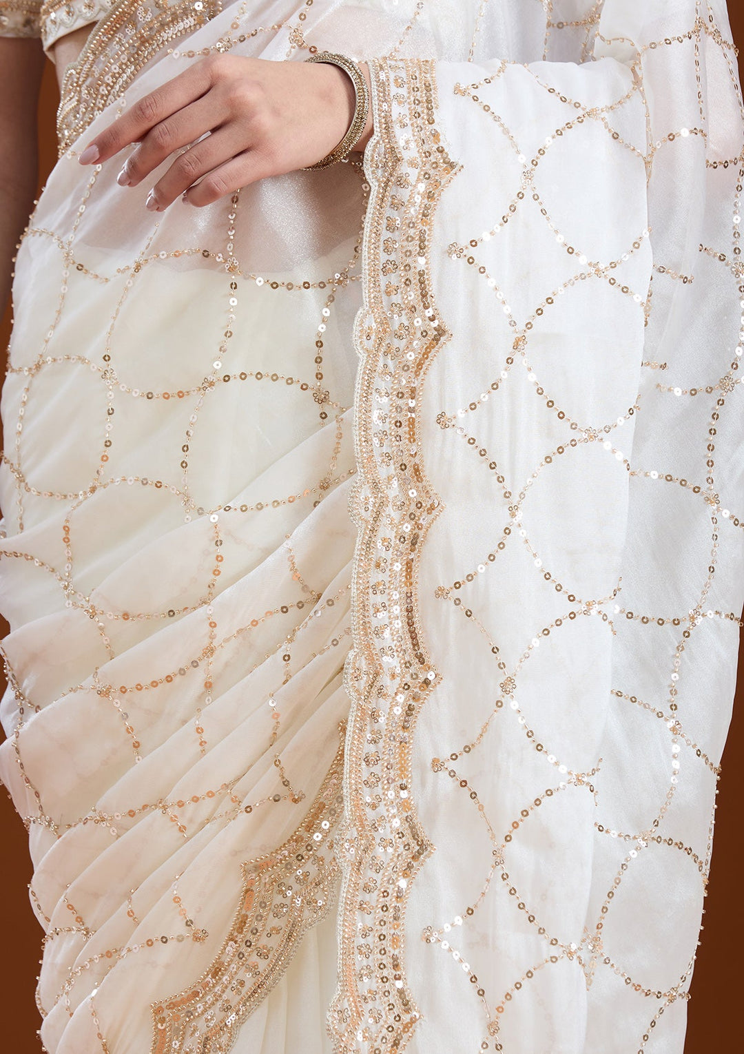 Off White Sequins Tissue Saree-koskii