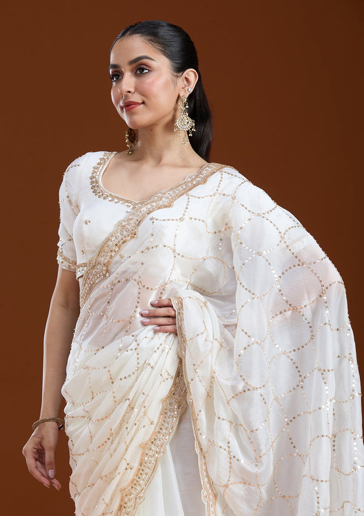 Off White Sequins Tissue Saree-koskii