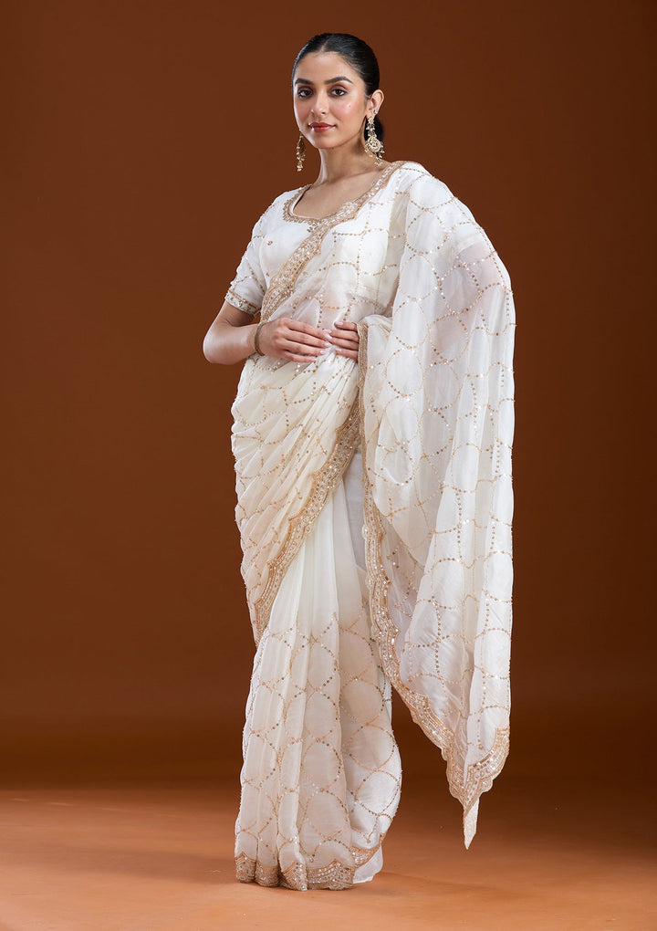 Off White Sequins Tissue Saree-koskii