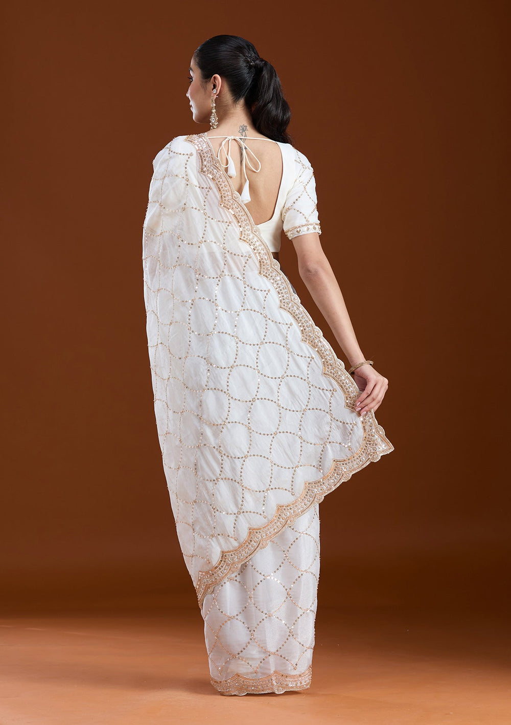 Off White Sequins Tissue Saree-koskii