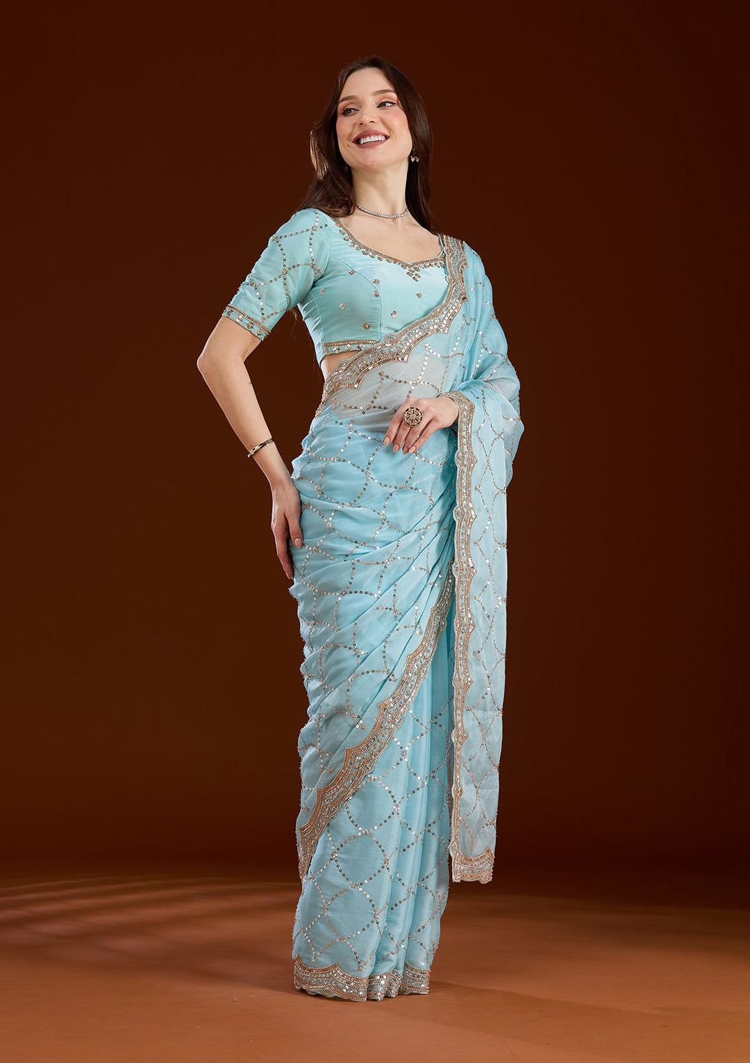 Sky Blue Sequins Tissue Saree