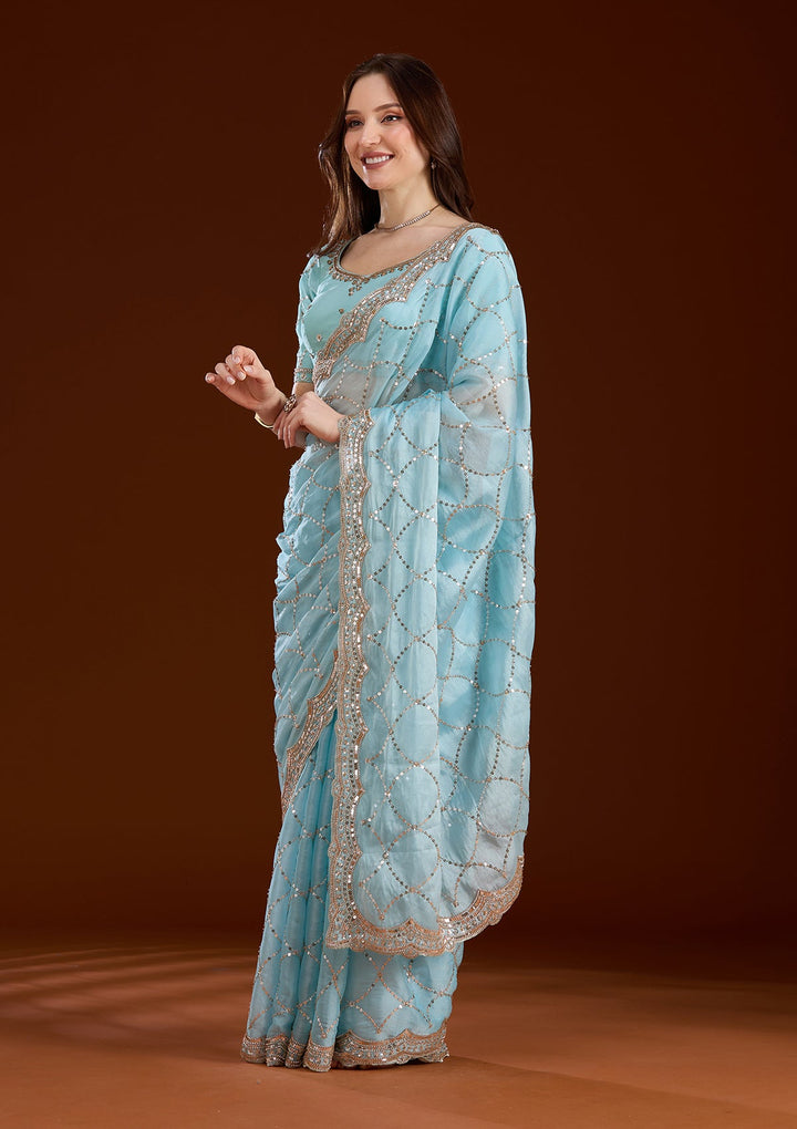 Sky Blue Sequins Tissue Saree