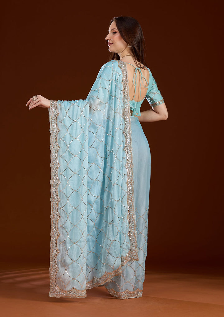 Sky Blue Sequins Tissue Saree