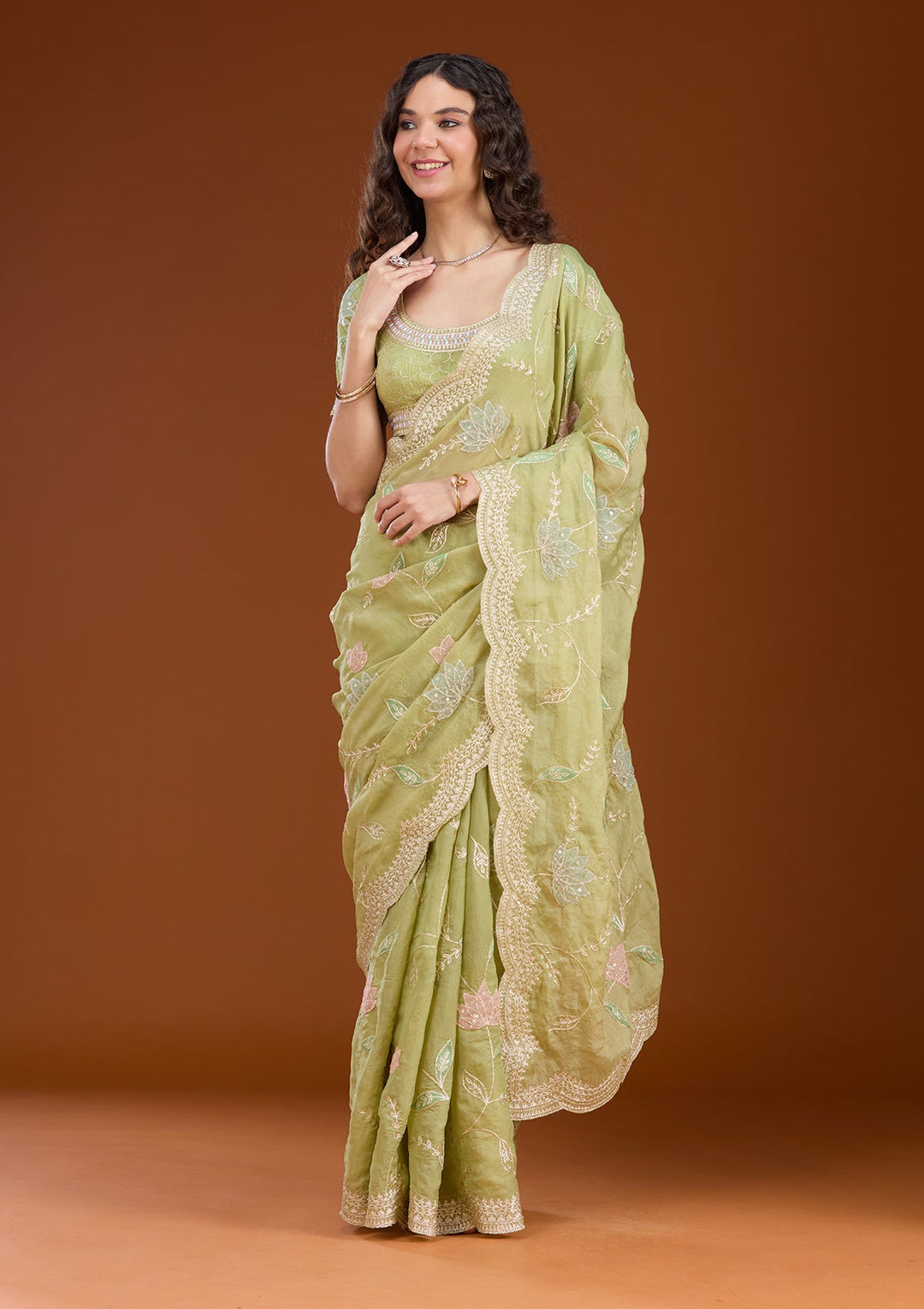 Leaf Green Zardozi (Gold) Tissue Saree