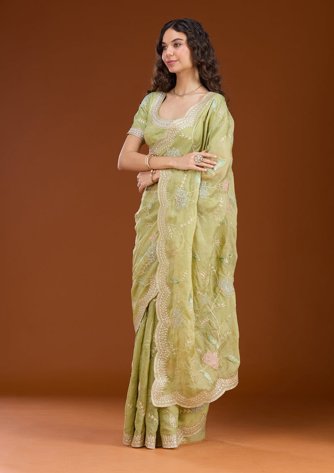 Leaf Green Zardozi (Gold) Tissue Saree