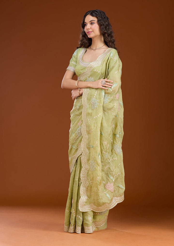 Leaf Green Zardozi (Gold) Tissue Saree