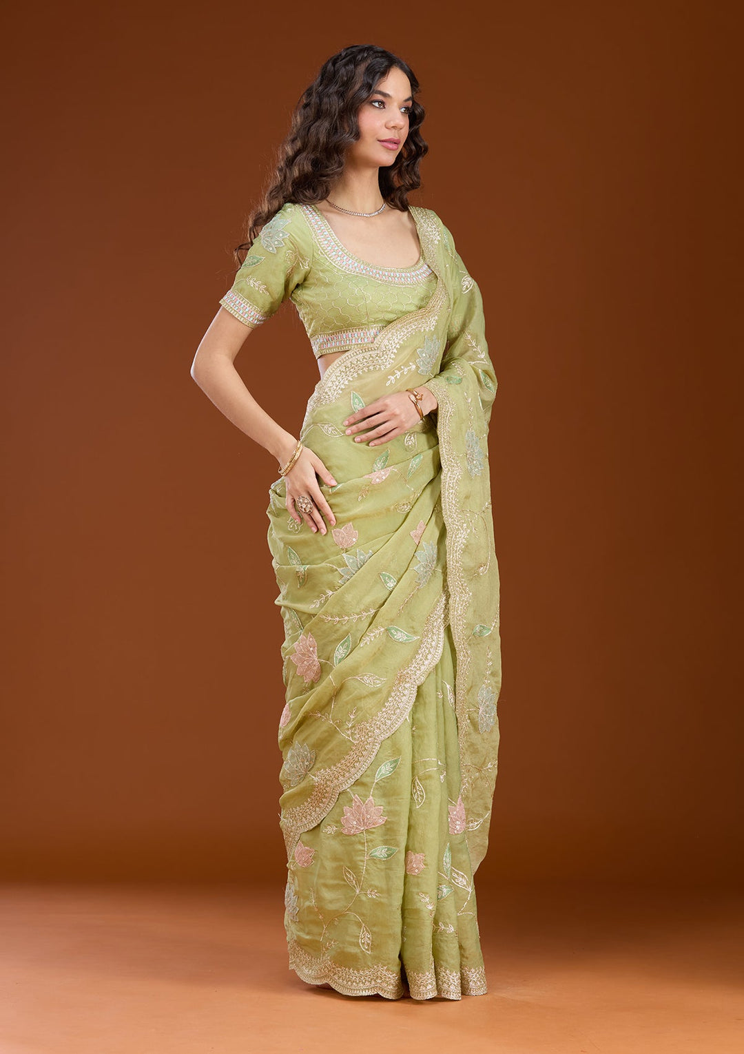 Leaf Green Zardozi (Gold) Tissue Saree