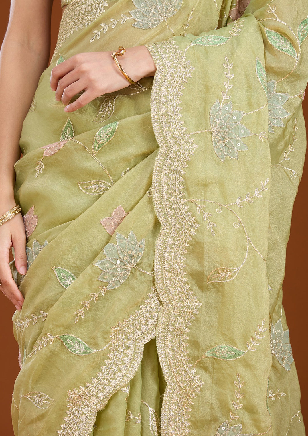Leaf Green Zardozi (Gold) Tissue Saree