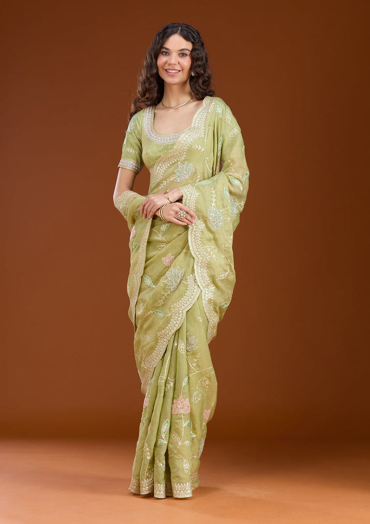 Leaf Green Zardozi (Gold) Tissue Saree