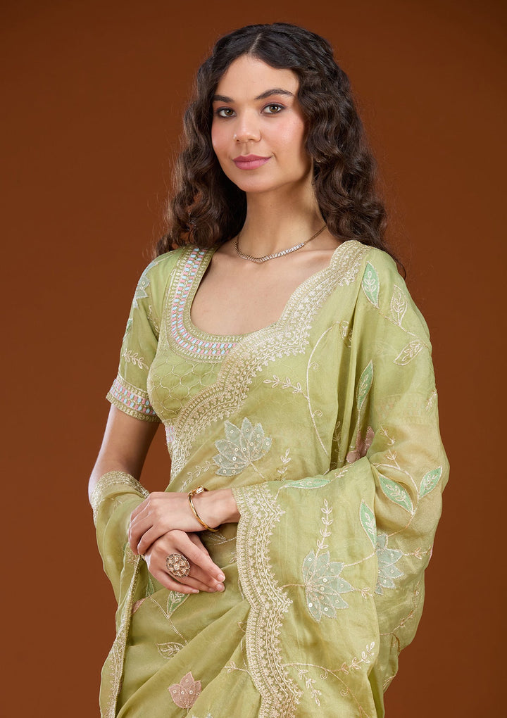 Leaf Green Zardozi (Gold) Tissue Saree