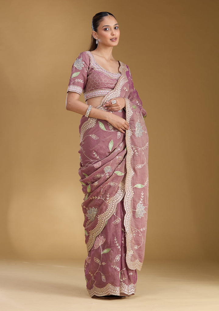 Onion Pink Zardozi (Gold) Tissue Saree