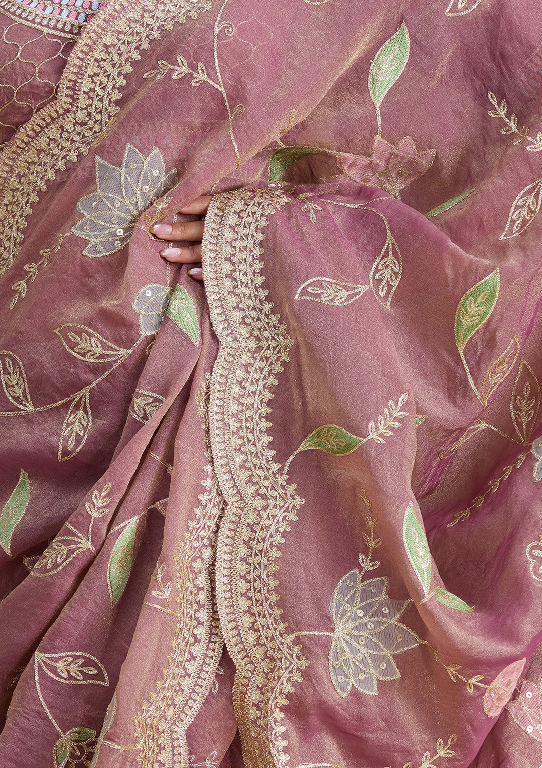 Onion Pink Zardozi (Gold) Tissue Saree