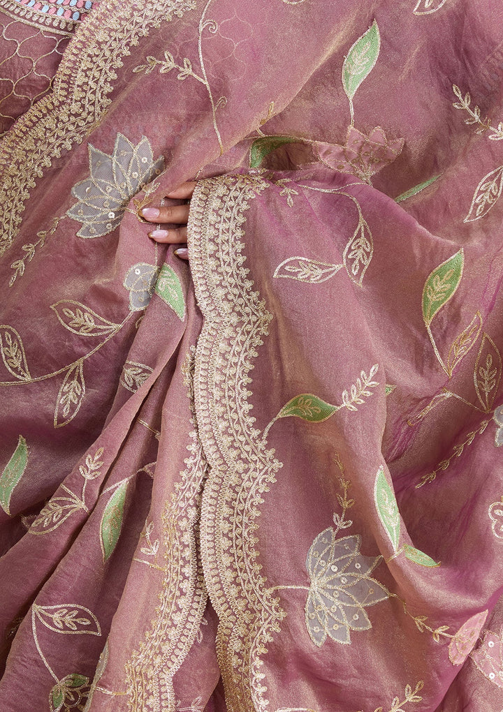 Onion Pink Zardozi (Gold) Tissue Saree