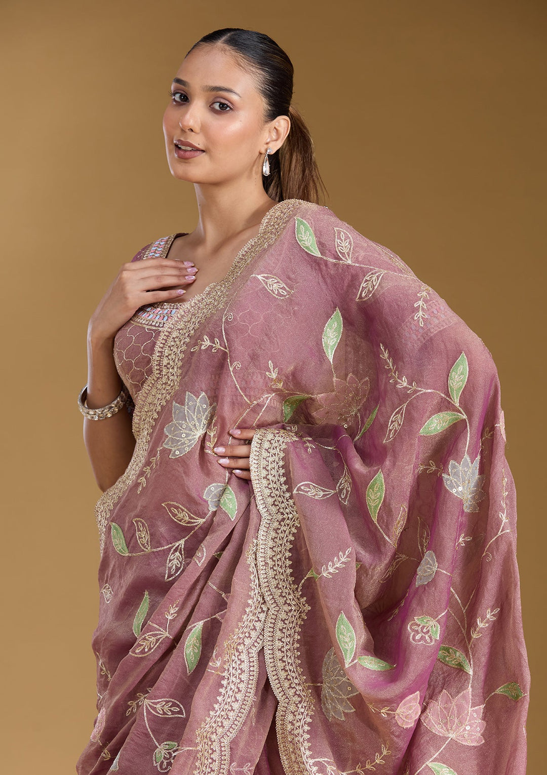 Onion Pink Zardozi (Gold) Tissue Saree