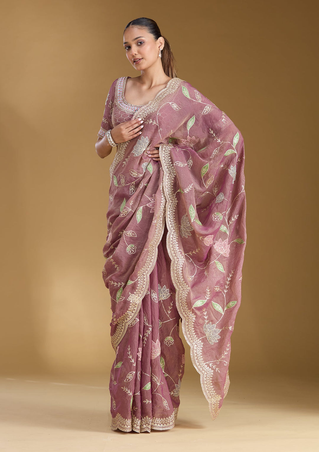 Onion Pink Zardozi (Gold) Tissue Saree