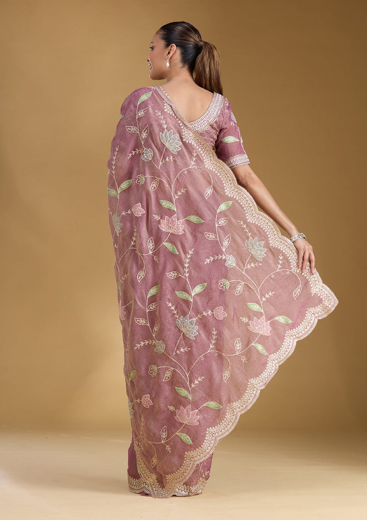 Onion Pink Zardozi (Gold) Tissue Saree