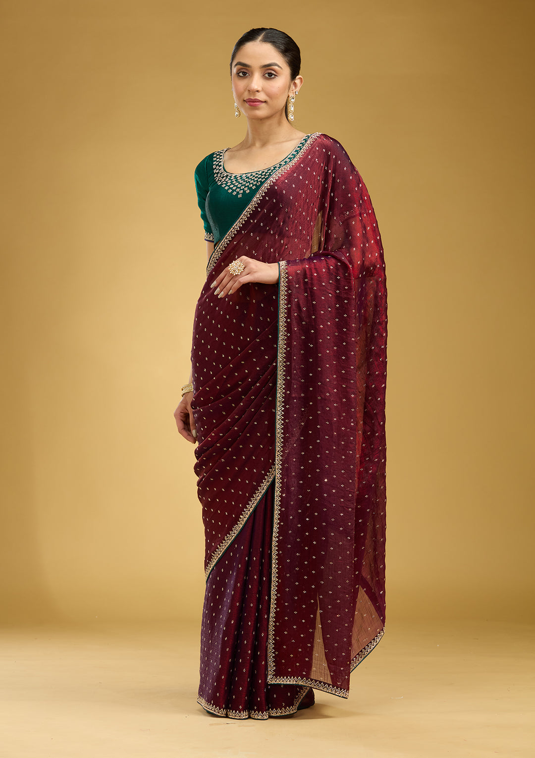 Maroon Stonework (Gold) Tissue Saree