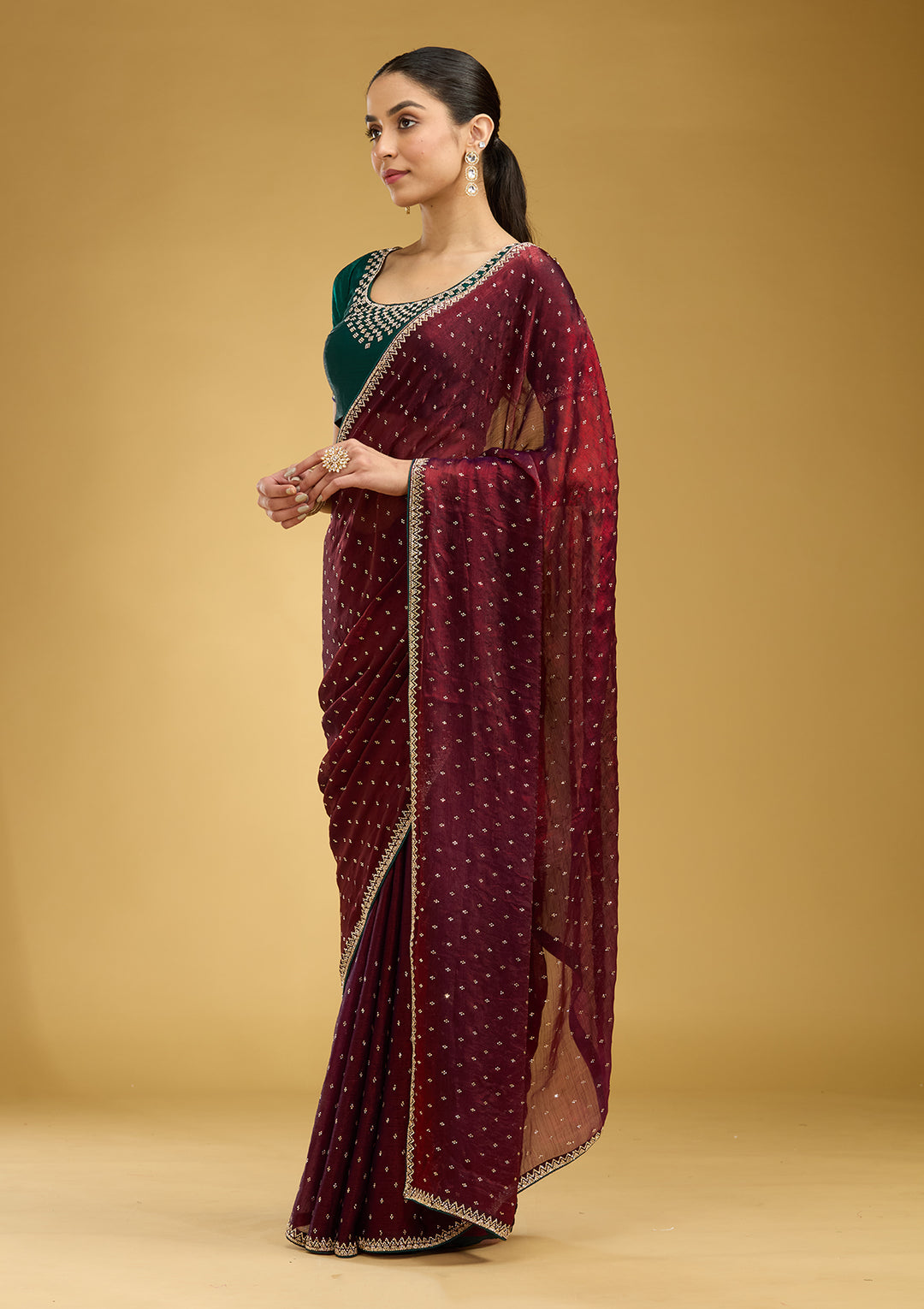Maroon Stonework (Gold) Tissue Saree