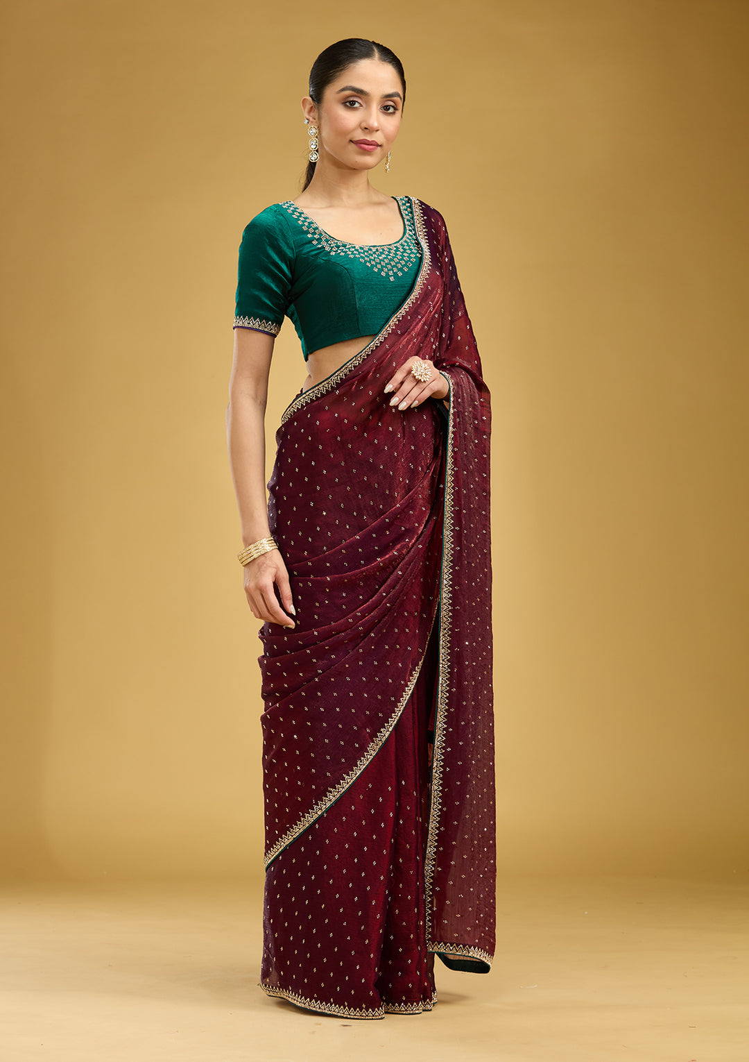 Maroon Stonework (Gold) Tissue Saree