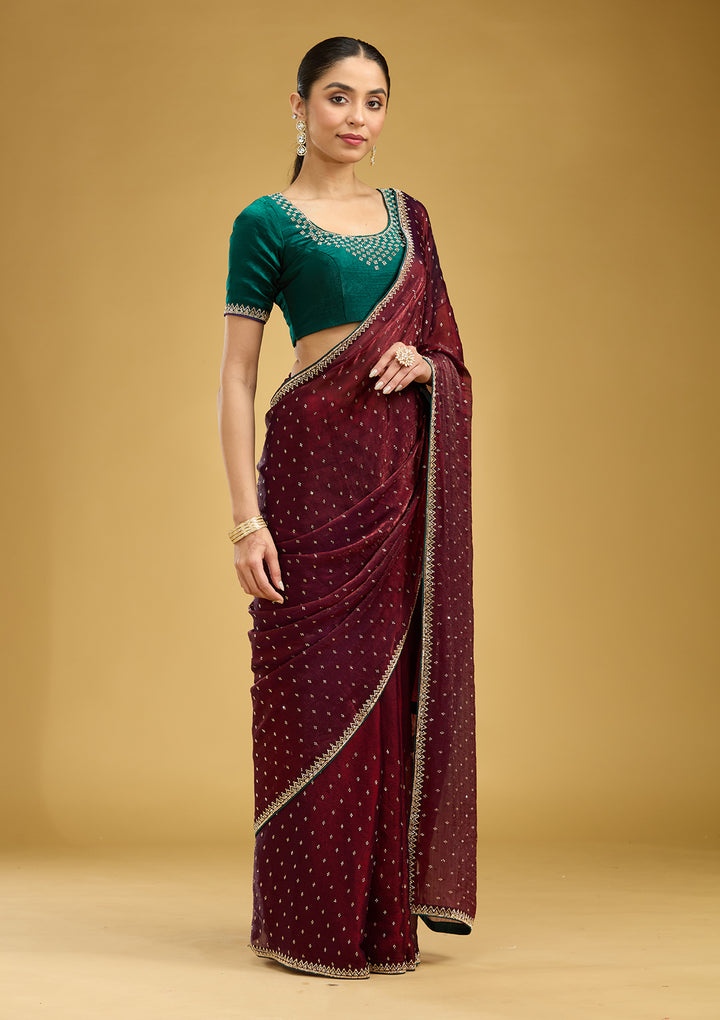 Maroon Stonework (Gold) Tissue Saree
